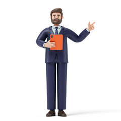 Man holding tablet, pointing upwards, symbolizing idea sharing or digital collaboration. 3D rendering, conceptual image. Isolated on white background.