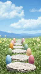 Colorful Easter eggs line stone path in lush green field under bright blue sky, evoking joy and springtime