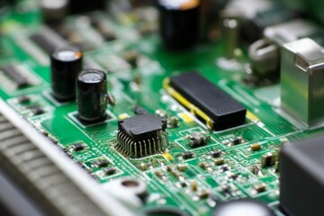 Close-up view of a circuit board showcasing various electronic components during the manufacturing process in a modern technology workshop Generative AI