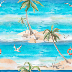 Seamless pattern with islands and palm trees on the sea background. Isolated watercolor illustration on the theme of rest for the design of clothes, decoration of sports shops, seafood restaurants