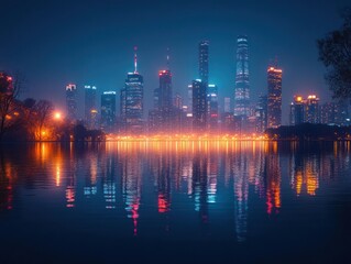 Vibrant city skyline reflected in a tranquil lake at night