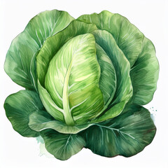 Fototapeta premium Watercolor painting of fresh green cabbage. Healthy farm vegetable. Vegan, organic food.