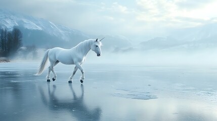 Magical Unicorn in the Snowy Landscape: Majestic white unicorn with a single horn gracefully treads through a serene, snowy landscape. A scene of mythical wonder.