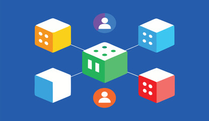 Obraz premium Colorful dice on blue background, Business icons, Green cubes with graph symbols, White cubes with people icons, Red cube with speech bubble, Minimalist composition, Concept of teamwork and analytics