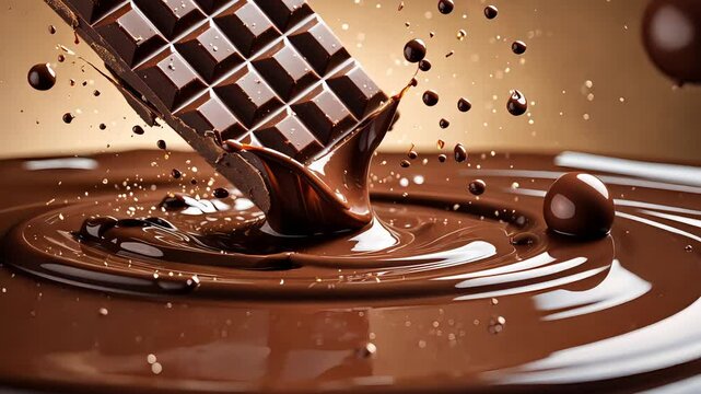 Delicious Dark Chocolate Bar Splashing Into Melted Chocolate With Dripping Swirls and Glossy Texture Closeup

