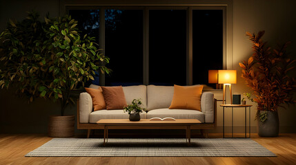 Cozy Modern Living Room At Night With Warm Lighting