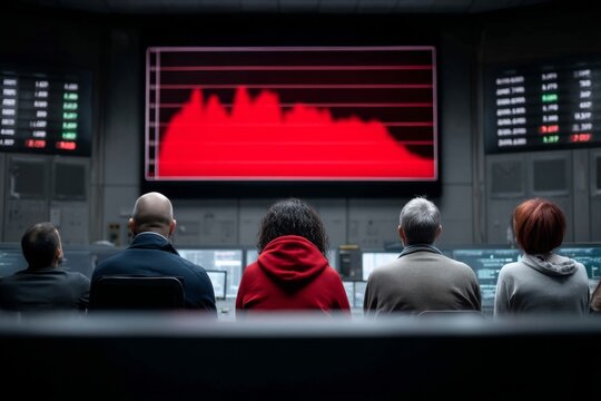Analysts monitor a price crisis dashboard showcasing a dramatic red spike on the chart while discussing urgent market trends and economic indicators Generative AI