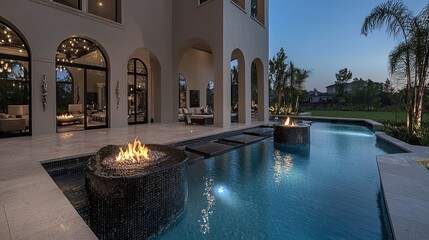 Luxurious outdoor area featuring a swimming pool with fire features