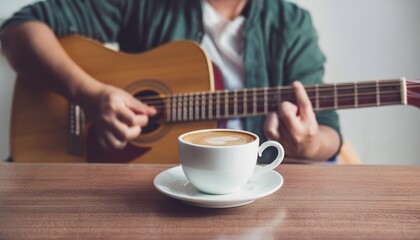 A cup of coffee and hands playing a guitar