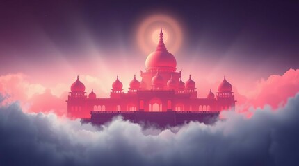 Obraz premium Majestic Temple Floating Above Clouds at Sunset: A Tranquil Spiritual Scene