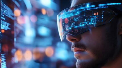 Futuristic Gaze: A man wearing virtual reality glasses, deeply immersed in a digital world, gazing intently, as futuristic interface glows in this technologically advanced setting.