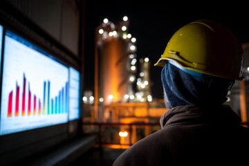 A worker observes a fuel chart showing sudden spikes at an industrial facility, illuminated by lights. Nighttime operations highlight urgent fuel monitoring Generative AI