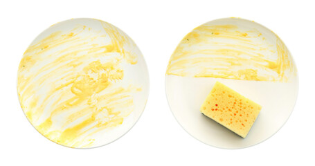 Dirty plate and sponge isolated on white, top view. Washing dish process