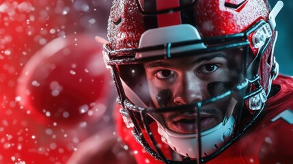 A close-up of a football player in a vivid red uniform, capturing determination and intensity amid a snow-like backdrop during a moment of intense action on the field.