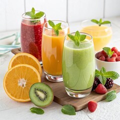 A vibrant display of four glasses filled with various fruit juices, surrounded by an array of fresh citrus fruits. The colors range from orange to green and red, highlighting freshness 