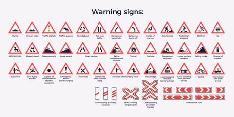 Traffic signs. International road signs set isolated on white background. Warning signs. Vector illustration. Red triangular signs. Signs warning about trains and railways. © Ihor
