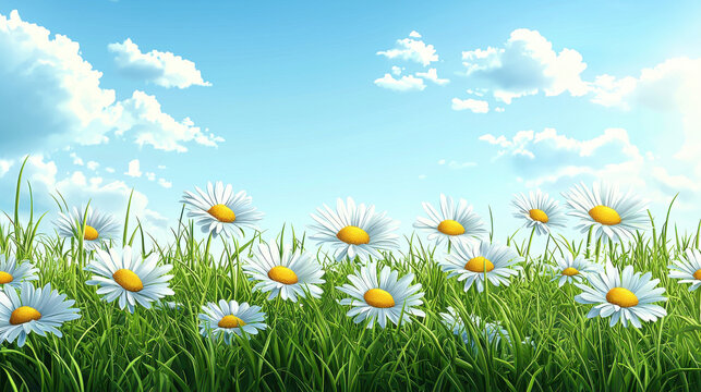 A vibrant sptime meadow scene showcases a cheerful collection of daisies blooming brightly in lush green grass under a clear blue sky dotted with fluffy white clouds. - Powered by Adobe