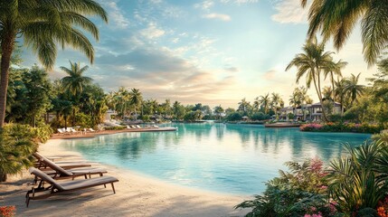 Fototapeta premium Tranquil Lagoon Paradise Tropical Resort Vacation Scene
