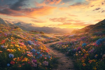 A picturesque path meanders through a vibrant wildflower meadow at sunset, nestled amidst majestic mountains.