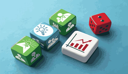 Colorful dice on blue background, Business icons, Green cubes with graph symbols, White cubes with people icons, Red cube with speech bubble, Minimalist composition, Concept of teamwork and analytics