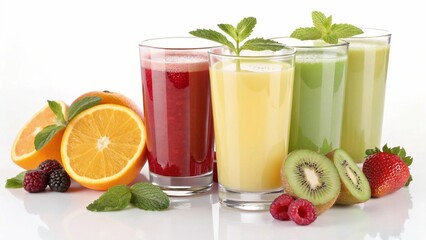 A vibrant display of four glasses filled with various fruit juices, surrounded by an array of fresh citrus fruits. The colors range from orange to green and red, highlighting freshness