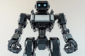 Naklejka premium Robot stands upright showcasing advanced joint mechanics and sleek design in a studio setting