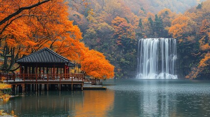 Fototapeta premium Autumn Waterfall Serenity: Pavilion by a Tranquil Lake