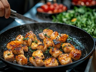 Chicken cubes sizzling in a pan, ready for serving