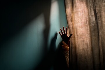 A hand is raised against a curtain, casting a shadow on a blue wall. The setting is indoors, illuminated by soft, ambient light creating an intimate atmosphere Generative AI