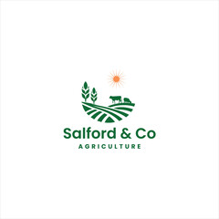 Agricultural Logo Design with Farm Landscape, Animals, and Sun for Eco-Friendly Rural Business Branding