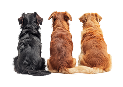 Three dogs sitting together animal peaceful environment rear view. Isolated on transparent background, png.