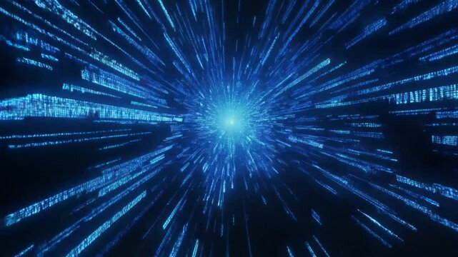 T&uacute;nel de datos digitales en movimiento &ndash; C&oacute;digo azul fluyendo en entorno cibern&eacute;tico futurista