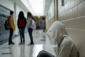 A student sits quietly against the wall in a school hallway, wearing a hoodie. Groups of other students talk and socialize nearby, creating a lively atmosphere Generative AI