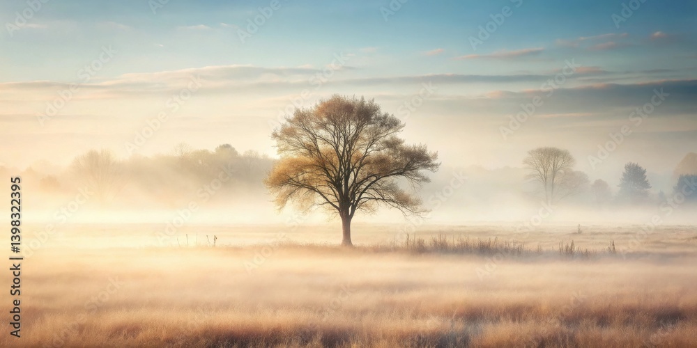 Poster serene dawn a solitary tree stands sentinel in a misty field, bathed in the soft light of a rising s