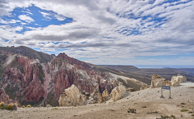 The Moon Valley Trail or Valle Lunar in Patagonia National Park, Chile. A tourist attraction with geological and landscape beauty. Unique landscape of the old rock formations of diverse colors.