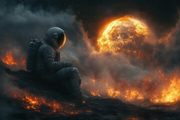 Astronaut sits on fiery alien landscape, contemplating a giant sun