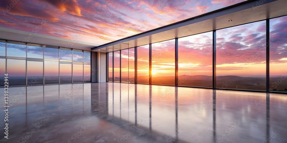 Aufkleber vast panoramic windows showcase a breathtaking sunset over a distant landscape, reflected on a polis