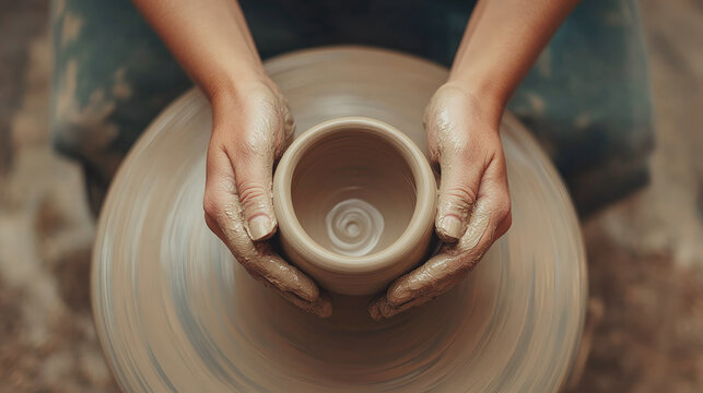 Close-up of hands shaping a clay pot on a spinning pottery wheel, showcasing traditional craftsmanship, artistry, and manual skill in ceramic creation from an overhead view. - Powered by Adobe