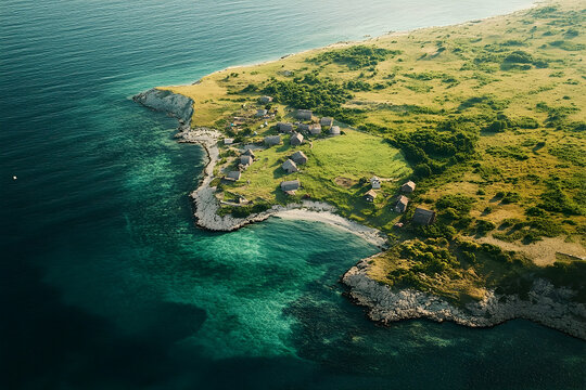 Aerial view of a secluded island village nestled on a rocky coast.