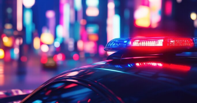 Gros plan de gyrophares rouge et bleu sur le toit d'une voiture de police am&eacute;ricaine, la nuit, arri&egrave;re-plan flou d'une rue d'une ville avec effet bokeh, concept de s&eacute;curit&eacute; urbaine.