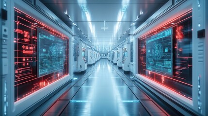Futuristic corridor featuring glowing digital displays and modern technology