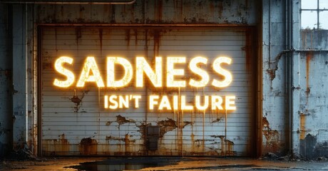 Fototapeta premium Glowing phrase sadness isn t failure in white and gold mounted on cracked warehouse door with rust puddles and peeling paint