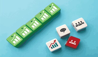 Colorful dice on blue background, Business icons, Green cubes with graph symbols, White cubes with people icons, Red cube with speech bubble, Minimalist composition, Concept of teamwork and analytics