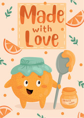A postcard with an orange in a hat and a spoon in his hand, orange slices and the inscription made with love.
