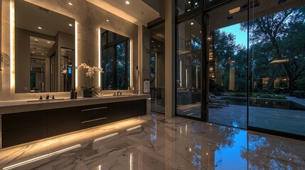 A modern luxury bathroom with expansive open outdoor views