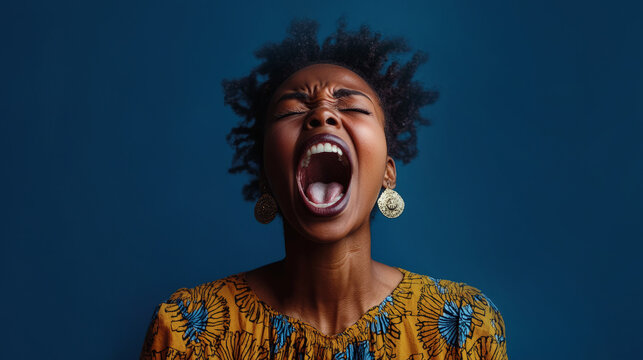 Black woman screaming with emotion in vibrant outfit against deep blue background, capturing intense expression, passion and dramatic energy in a close-up portrait.