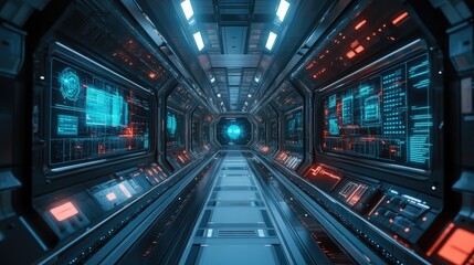 Fototapeta premium Futuristic interior design depicting a technological spacecraft hallway structure
