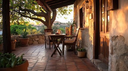Fototapeta premium A peaceful outdoor patio with furniture and a natural setting