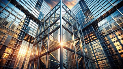 Fototapeta premium Modern Architectural Marvel A Sunrise Illuminates the Geometric Glass and Steel Framework of Interconnected Skyscrapers