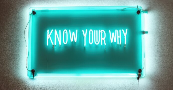 Naklejki Glowing sign know your why in teal and blue neon mounted on textured wall with glowing cable lines and reflections